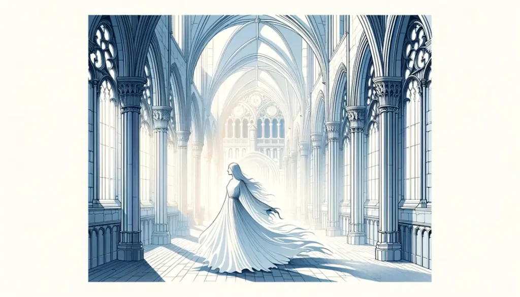 Figura espectral de la Dama Blanca en un castillo medieval