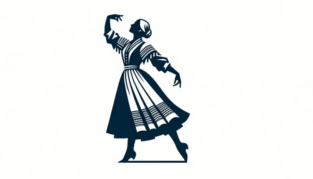 Ilustración minimalista de figura humana danzando con vestimenta tradicional en un fondo blanco
