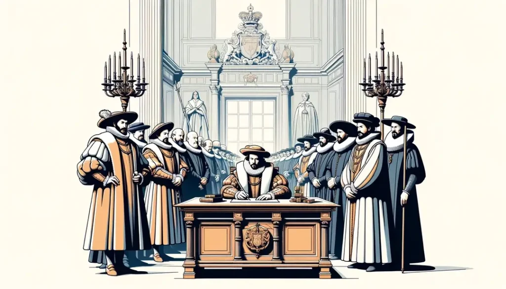 Ilustración minimalista del rey Francisco I firmando el decreto histórico en el siglo XVI dentro del castillo de Villers-Cotterêts