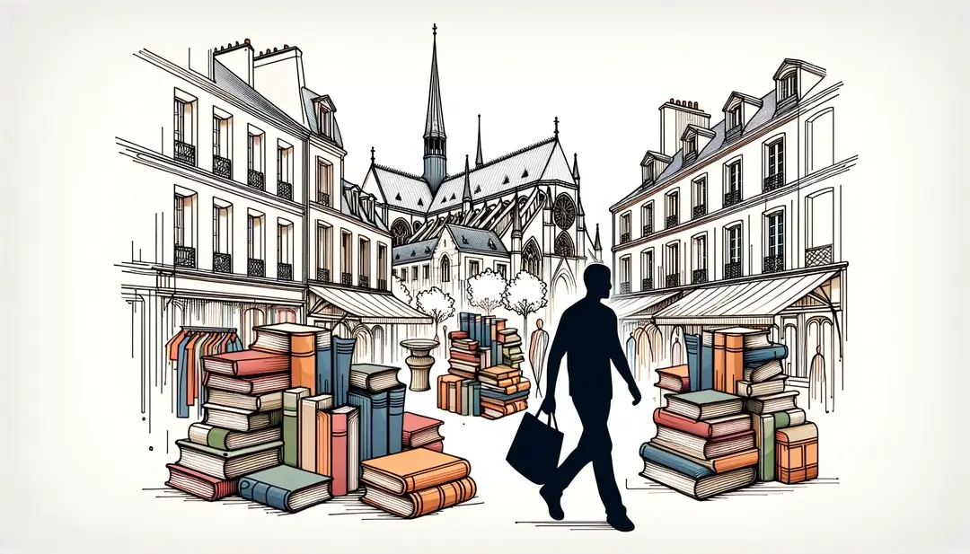 Figura humana explorando un mercado de libros antiguos en una ciudad histórica francesa