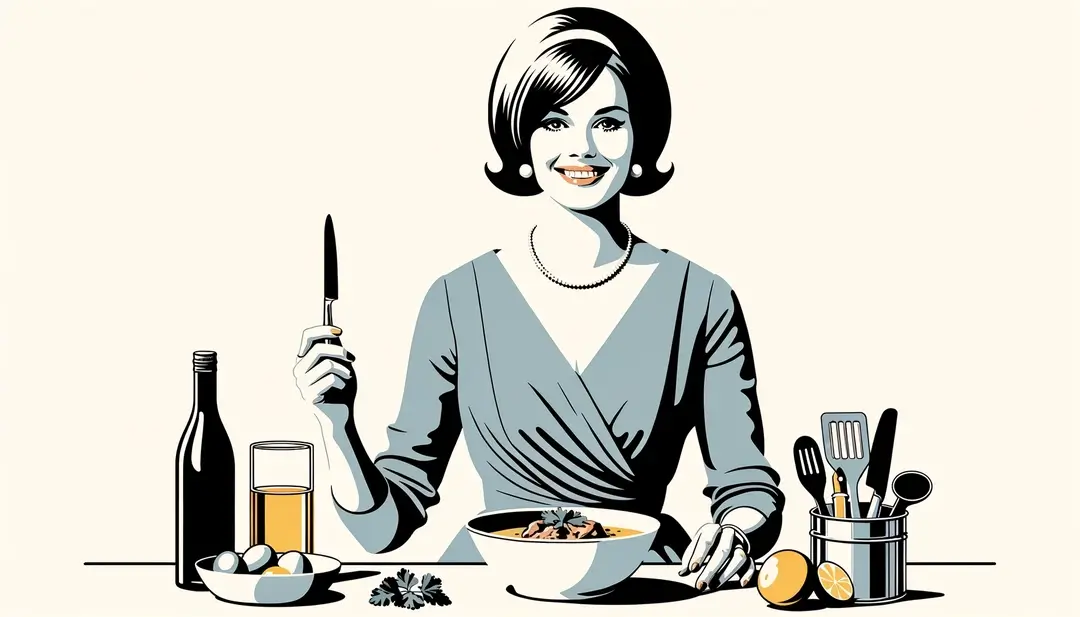 Imagen de una mujer cocinando un plato francés clásico en un estilo de los años 60