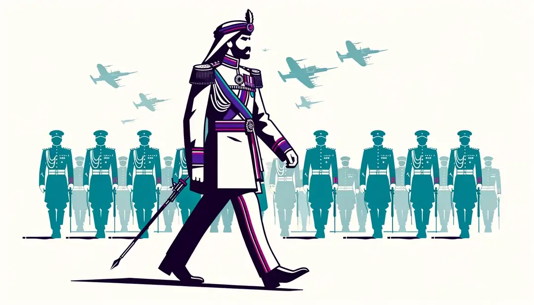 Ilustración de un desfile militar antiguo con un uniforme vintage sobre fondo blanco