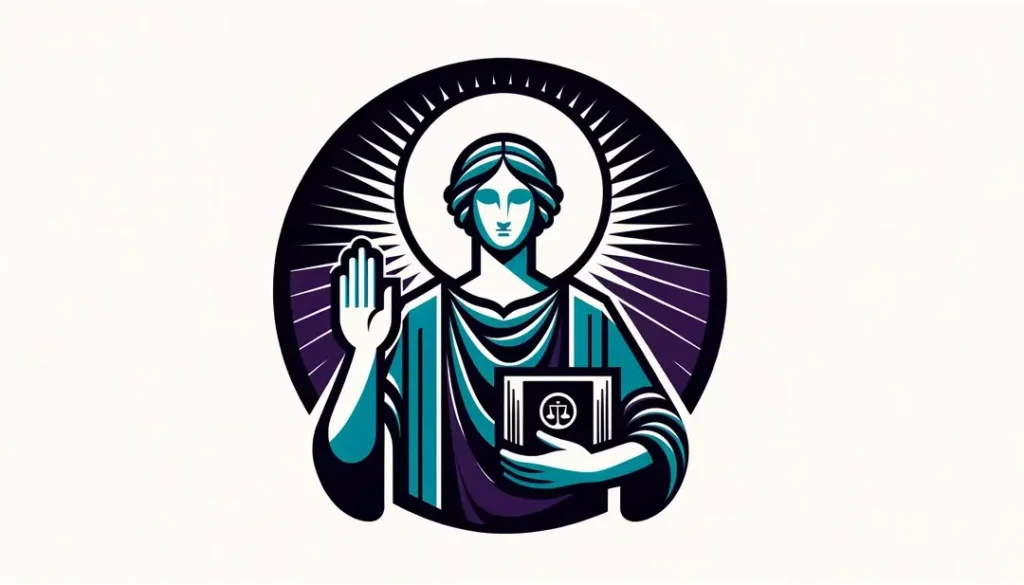 Ilustración minimalista de Saint Yves sosteniendo un libro y defendiendo a los pobres