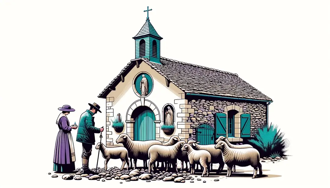 Ilustración minimalista de una ceremonia de bendición de animales en Ardèche