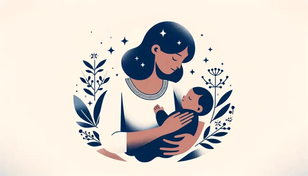 Ilustración de una madre con su hijo en estilo minimalista con colores específicos: #8A2976