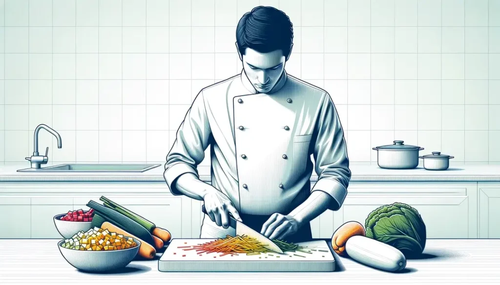 Chef español realizando cortes brunoise y juliana en verduras