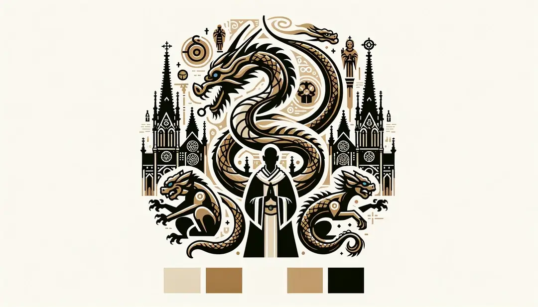 Imagen del legendario dragón de Rouen junto a elementos góticos y un monje medieval