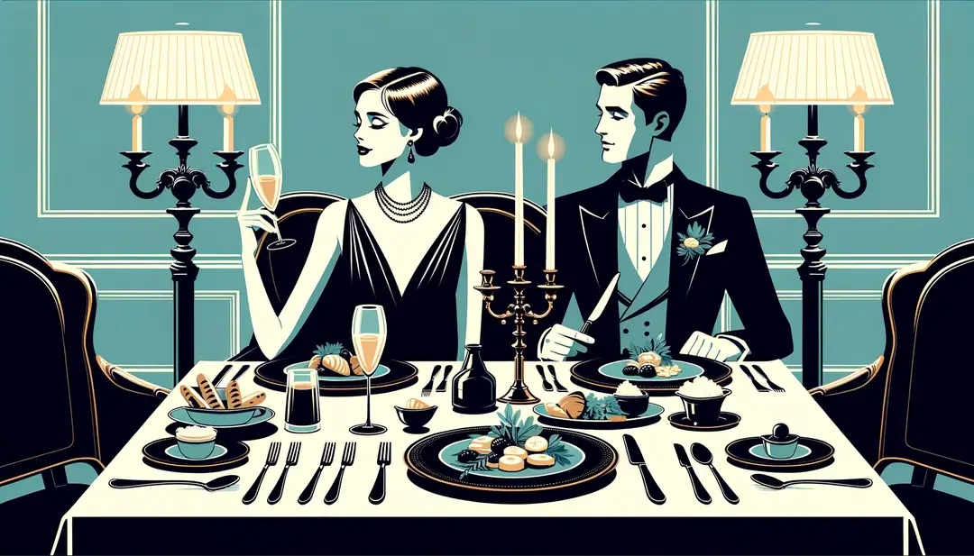Una pareja elegantemente vestida cenando gourmet en un restaurante lujoso
