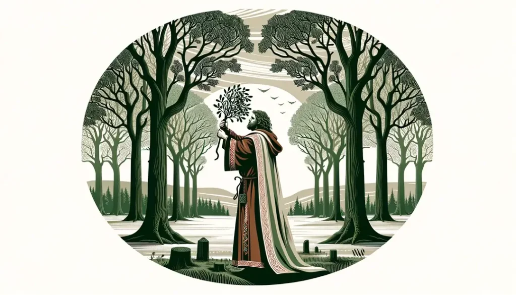 Imagen de un druida celta realizando un ritual con muérdago en un bosque sagrado de la antigua Galia