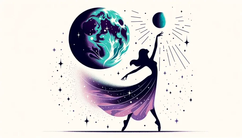 Ilustración minimalista inspirada por los temas de Mune y Ballerina con figura humana y luna en colores específicos