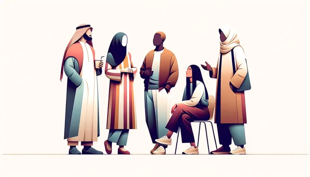 Ilustración de personas diversas interactuando en un fondo blanco