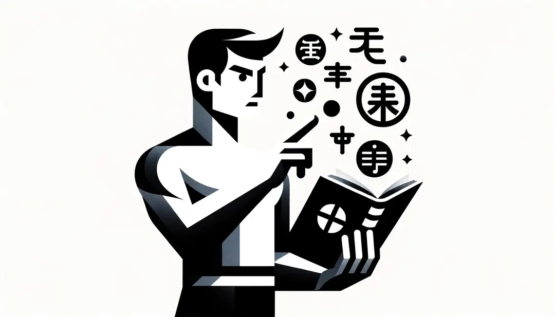 Figura humana con elementos literarios en estilo minimalista y fondo blanco