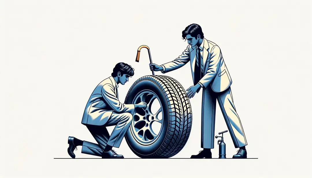 Ilustración minimalista de humor surrealista inspirado en el cine de Quentin Dupieux con figura humana y neumático en fondo blanco