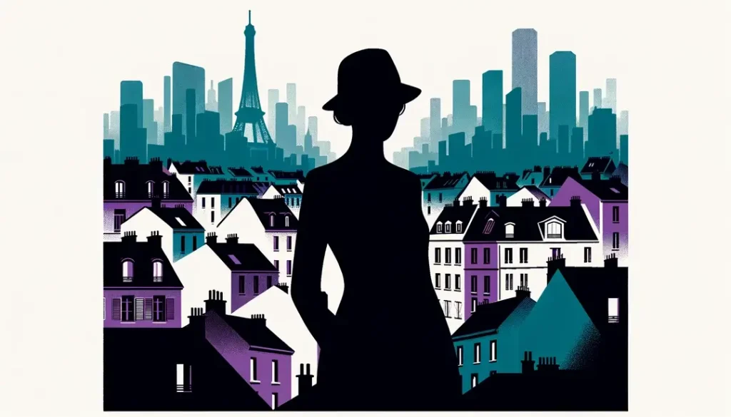 Ilustración minimalista de un drama social francés con figura humana en un paisaje urbano