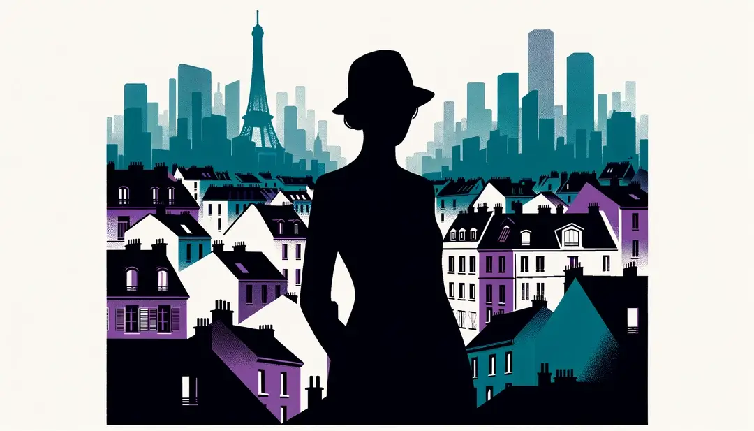 Ilustración minimalista de un drama social francés con figura humana en un paisaje urbano