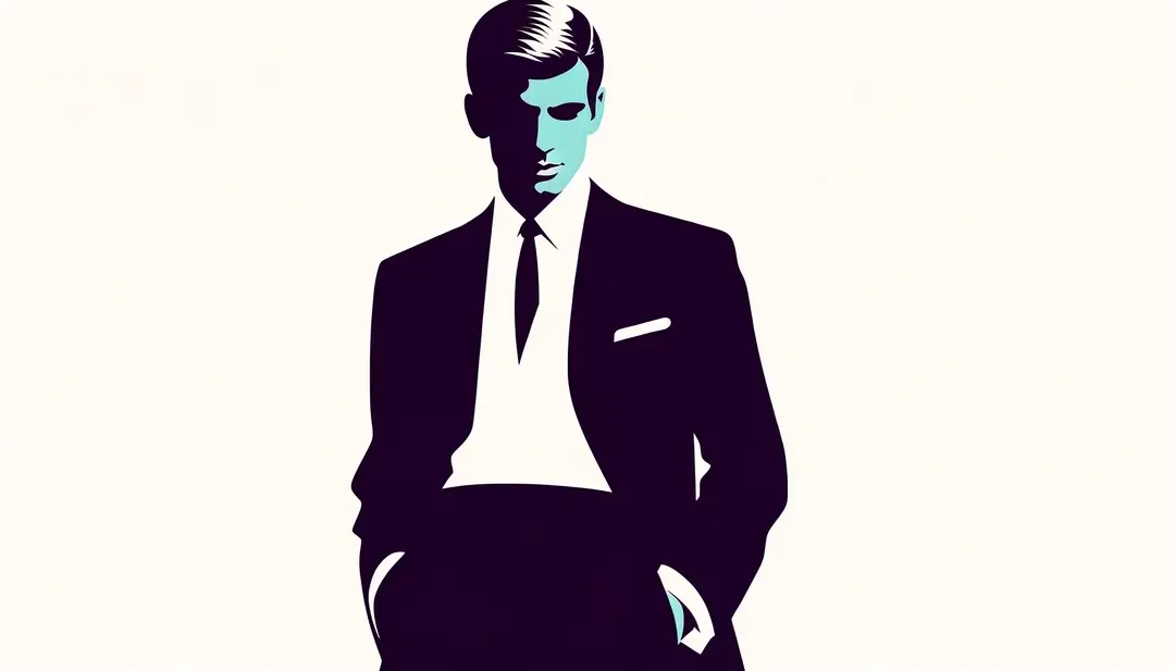 Ilustración minimalista de una figura inspirada en el cine de Yves Robert con fondos blancos y colores retro
