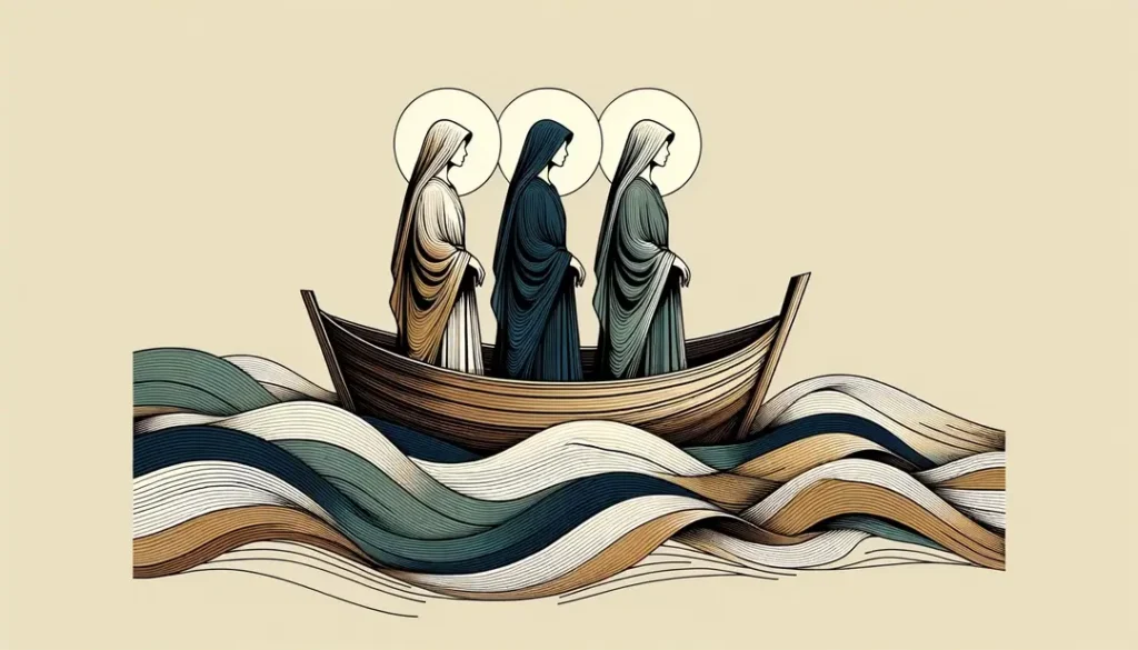 Ilustración minimalista de las Tres Marías en una barca sin timón