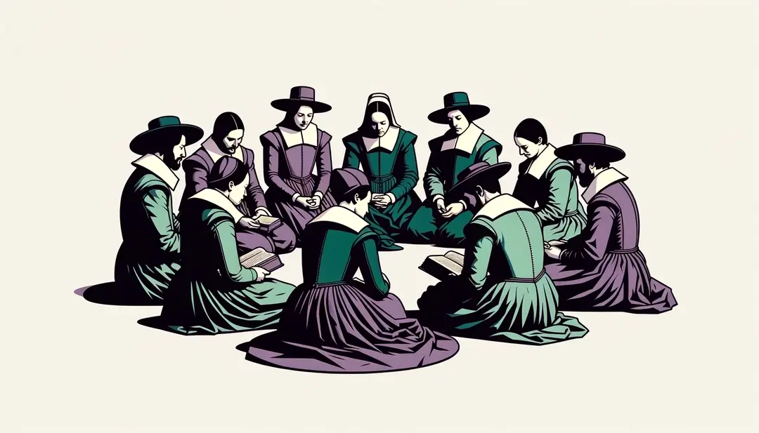 Ilustración minimalista de hugonotes franceses del siglo XVI en una reunión religiosa