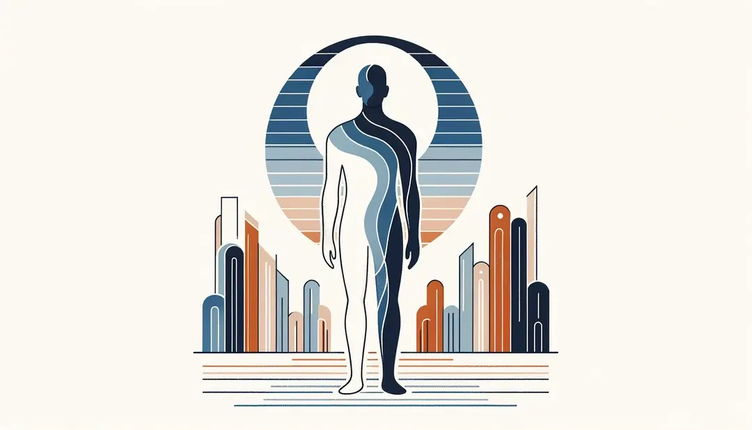 Figura humana en paisaje urbano minimalista con colores vibrantes