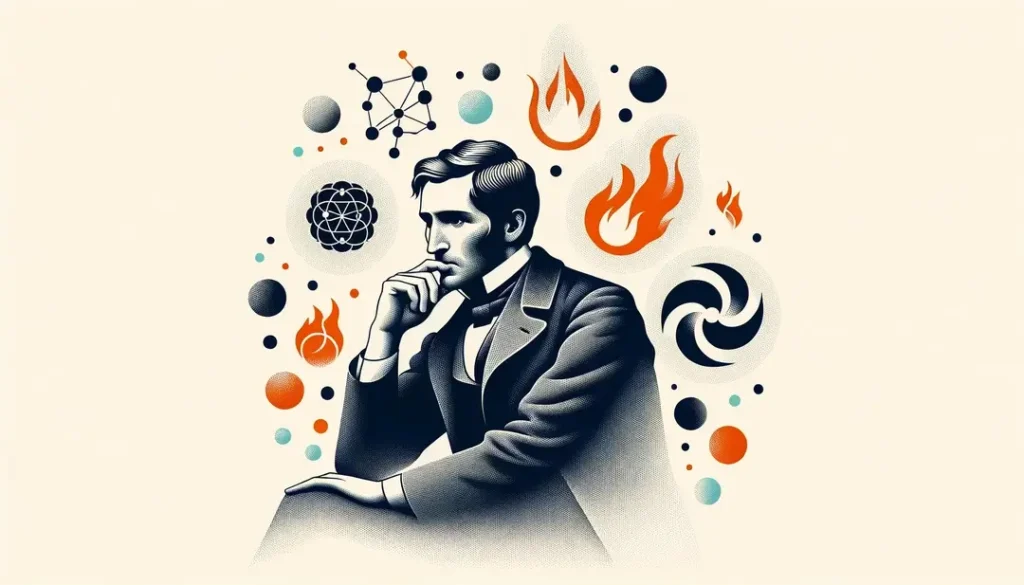 Gaston Bachelard en una pose pensativa rodeado de formas abstractas que simbolizan la imaginación