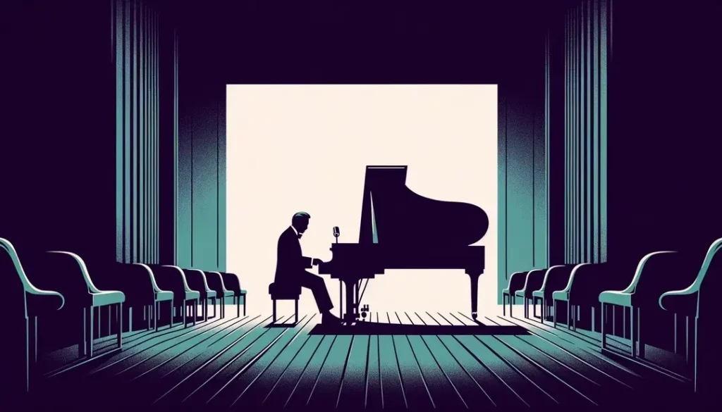 Ilustración de un compositor icónico francés al piano en estilo minimalista con colores #8A2976