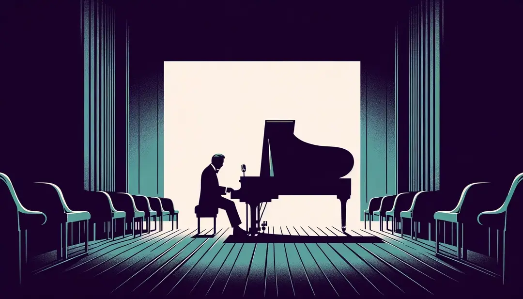 Ilustración de un compositor icónico francés al piano en estilo minimalista con colores #8A2976