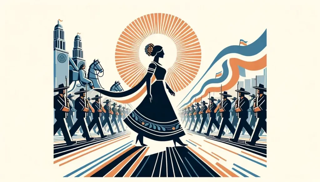 Ilustración de un desfile de cofradías artesanales liderado por una figura humana en un estilo minimalista