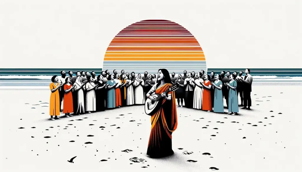 Ilustración minimalista de una comunidad cantando himnos marianos junto al mar en la Costa Atlántica