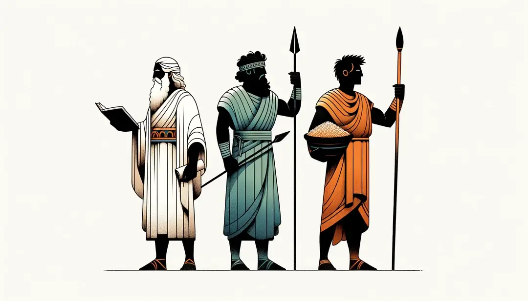 Ilustración minimalista de tres figuras representando sacerdocio