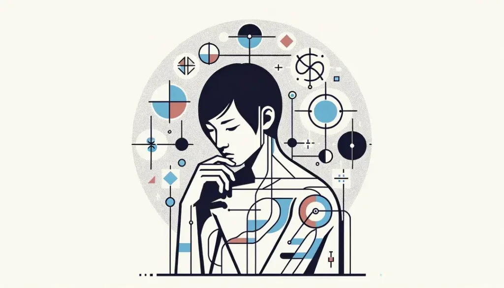 Figura humana contemplando símbolos abstractos que representan la simulación y la hiperrealidad en la obra de Baudrillard