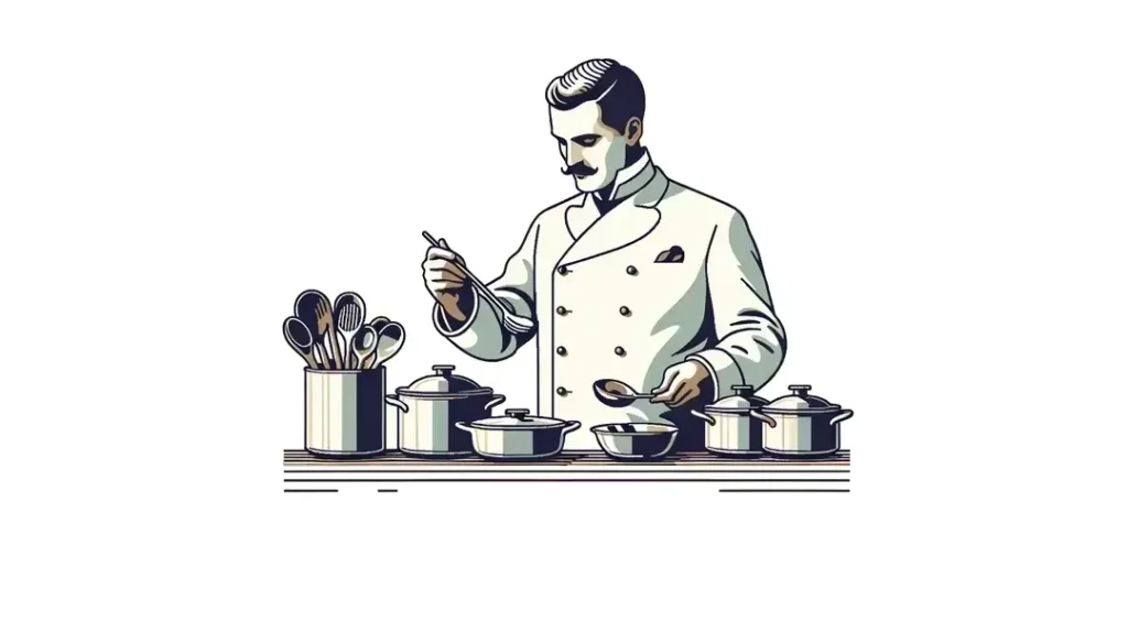 Ilustración minimalista de un chef francés del siglo XX preparando alta cocina