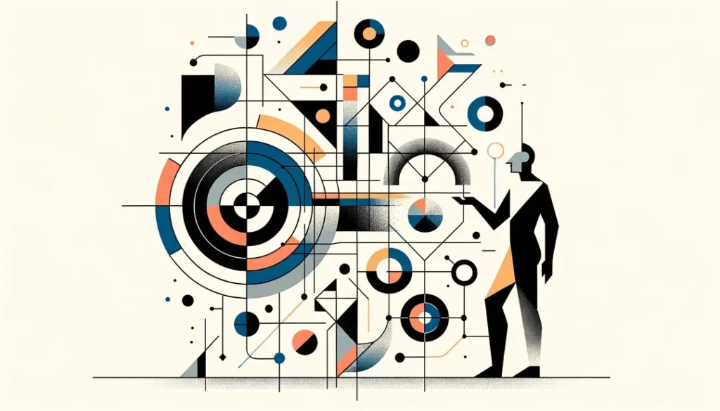 Ilustración minimalista que representa la subjetividad en la fenomenología francesa con una figura humana y formas abstractas en colores vibrantes