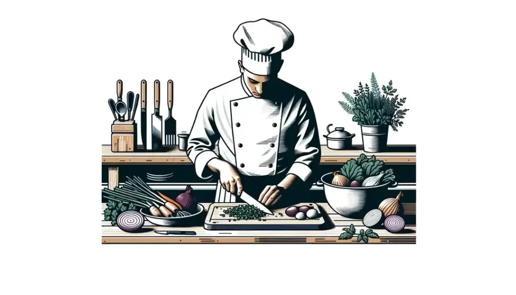 Chef francés demostrando técnicas de corte culinario en la cocina