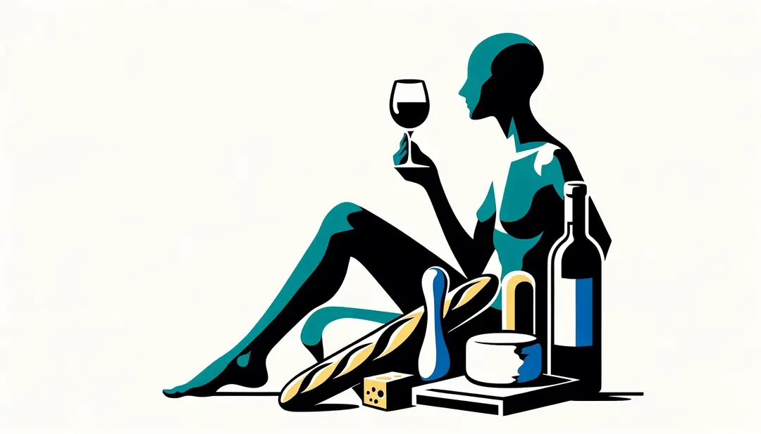 Ilustración minimalista de una figura humana disfrutando de una comida tradicional francesa con baguette