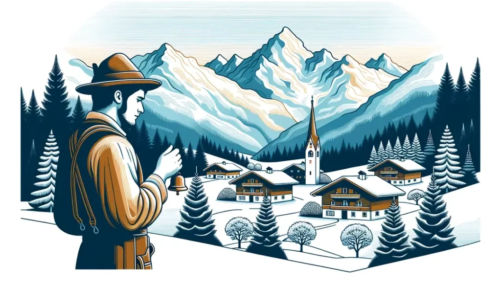 Figura humana tocando una campanilla en un pueblo alpino nevado durante Navidad