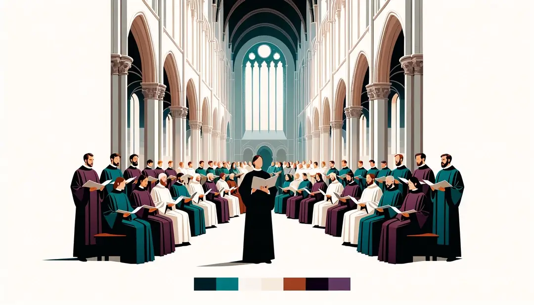 minimalista ilustración de un coro cantando en una basílica histórica con figuras humanas y fondo blanco