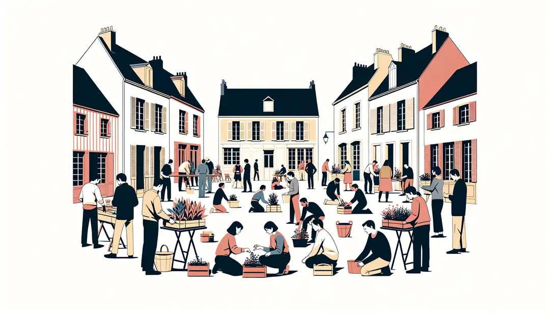 Ilustración de personas colaborando en un ambiente comunitario francés