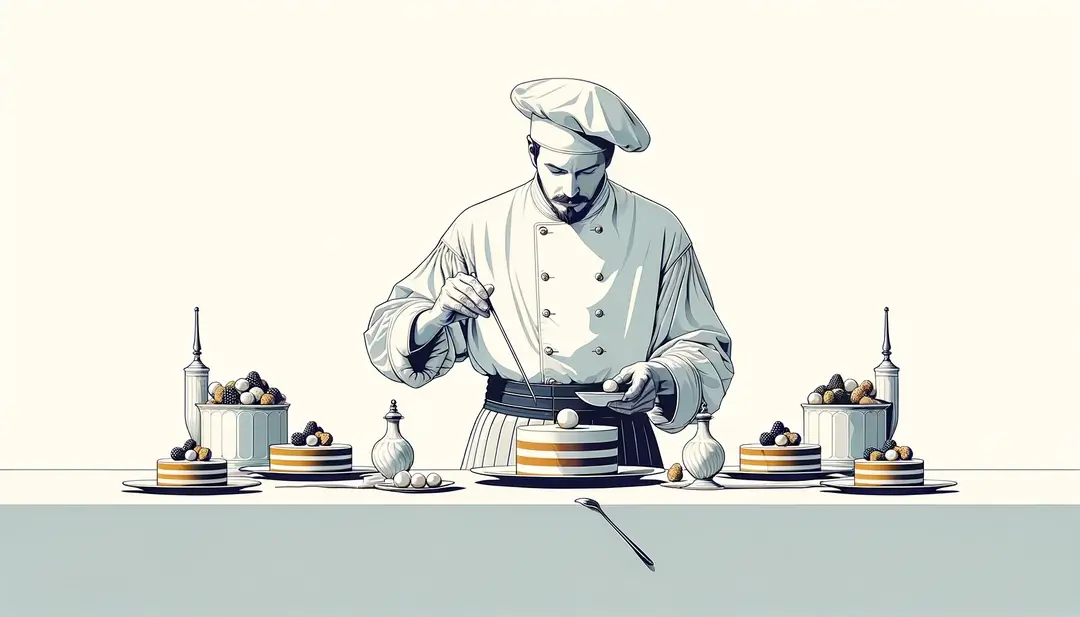 Ilustración minimalista de un chef medieval francés preparando un plato elegante y delicado entre platos principales