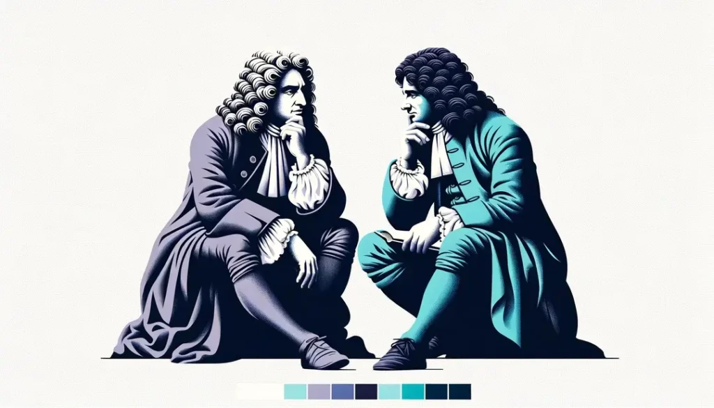 René Descartes y Pierre Gassendi discutiendo en el siglo XVII en una ilustración minimalista