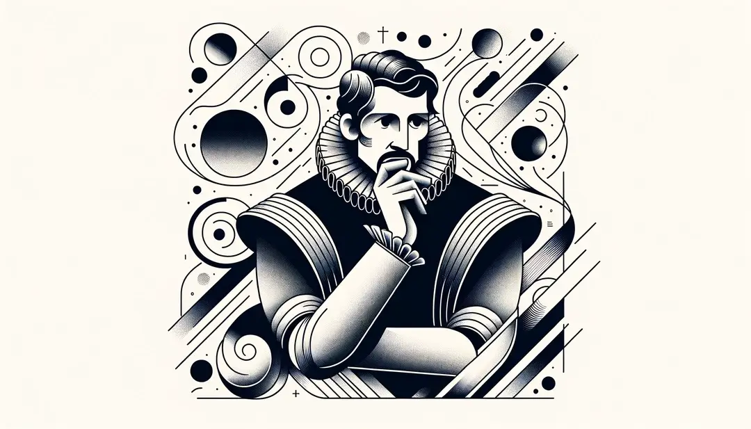 Michel de Montaigne en estilo minimalista rodeado de elementos abstractos que simbolizan la duda en el pensamiento filosófico francés.