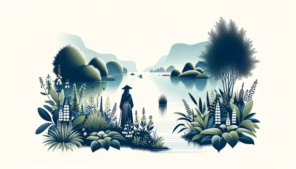 Ilustración minimalista del lago Lindre con un habitante de Mosela observando la naturaleza del lago. Relacionado con las leyendas y el vocabulario de la región de Mosela