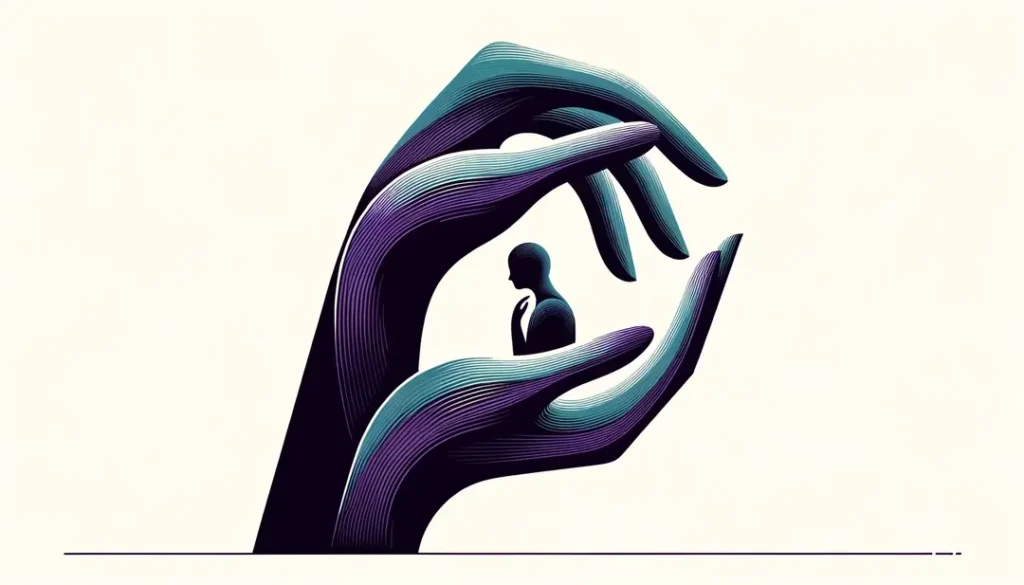 Manos cálidas envolviendo una figura femenina representando el cuidado y compasión en la filosofía contemporánea