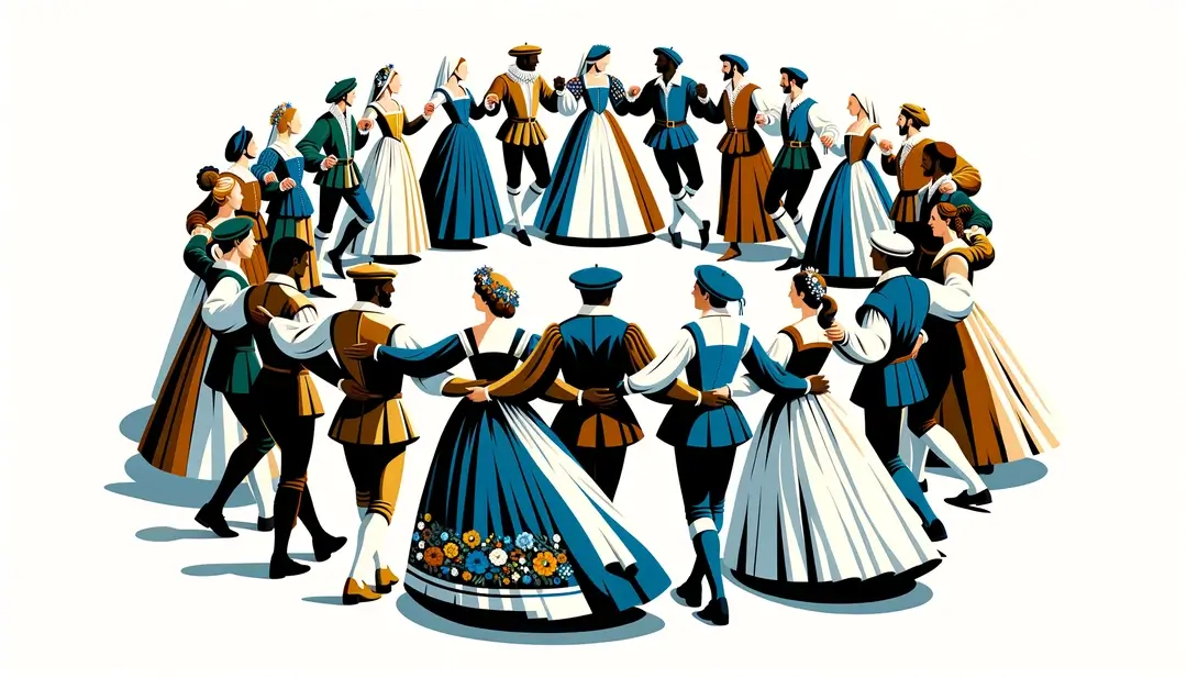 Escena de danza branle en estilo medieval francés