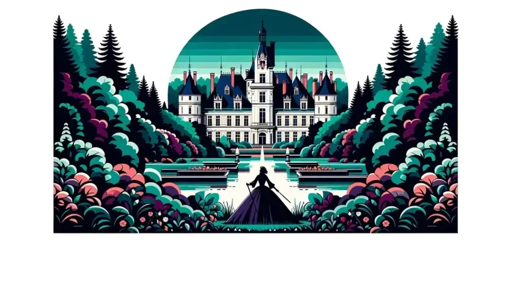 Ilustración minimalista del Château de Fontainebleau con un monarca francés del siglo XVI en un entorno de bosque real