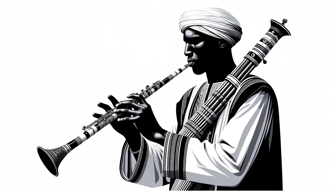 Ilustración minimalista de un músico argelino del siglo XX tocando un instrumento tradicional