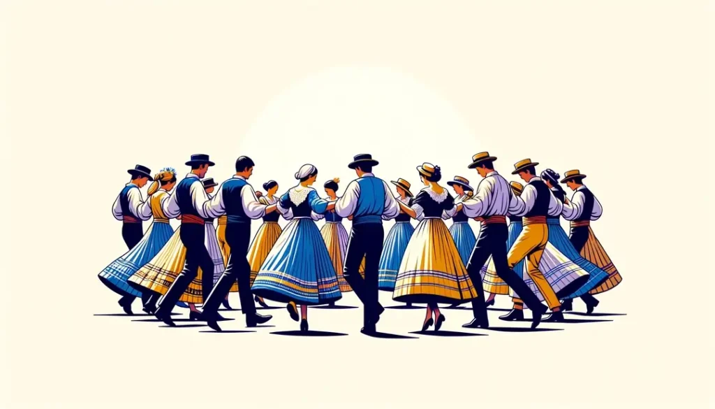 Ilustración minimalista de una celebración de farandole provenzal mostrando una danza tradicional característica de Provenza