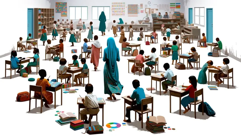 Escena de una clase rural con un docente interactuando con niños