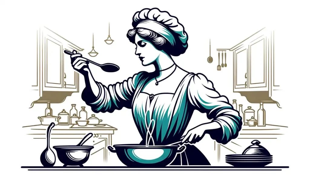 Un chef francesa de principios del siglo XX elaborando un plato tradicional en una cocina