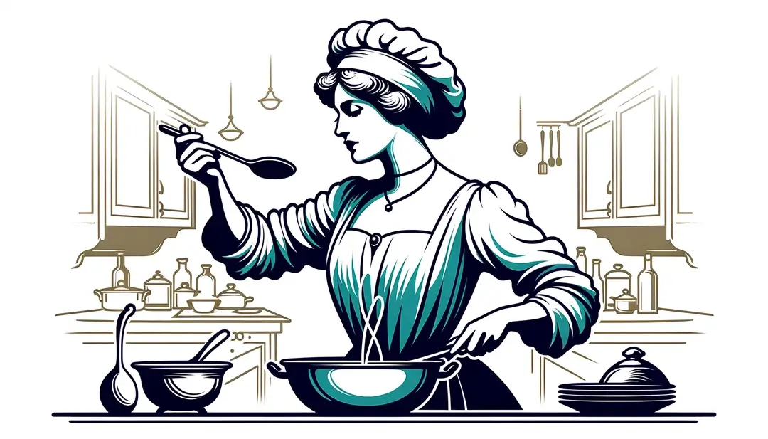 Un chef francesa de principios del siglo XX elaborando un plato tradicional en una cocina