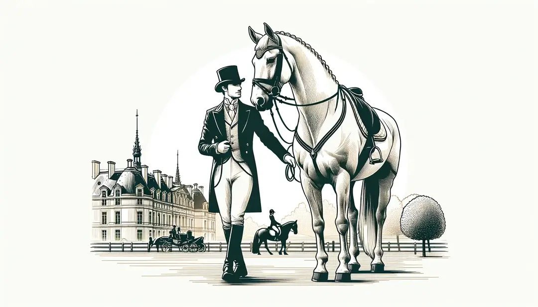 Imagen minimalista de un evento ecuestre en el castillo de Chantilly con figura humana y caballo sobre fondo blanco